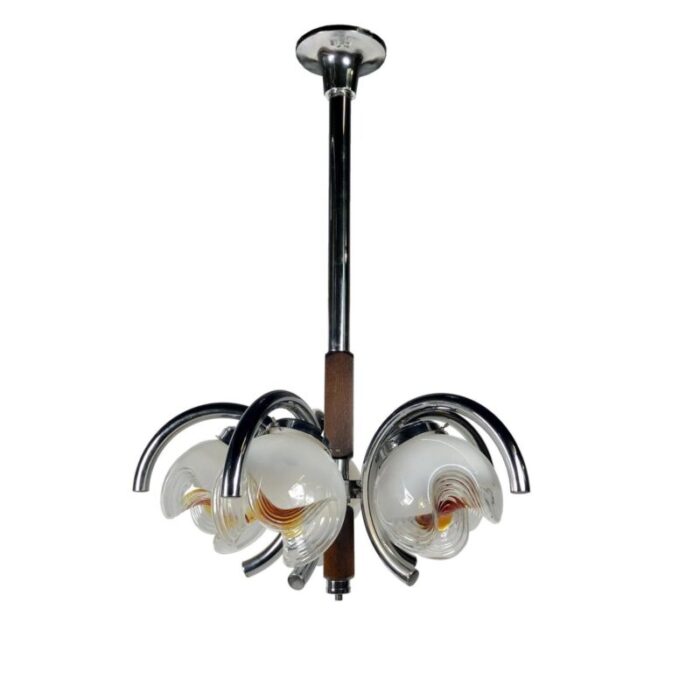 chrome wood murano glass chandelier from mazzega italy 1970s 2