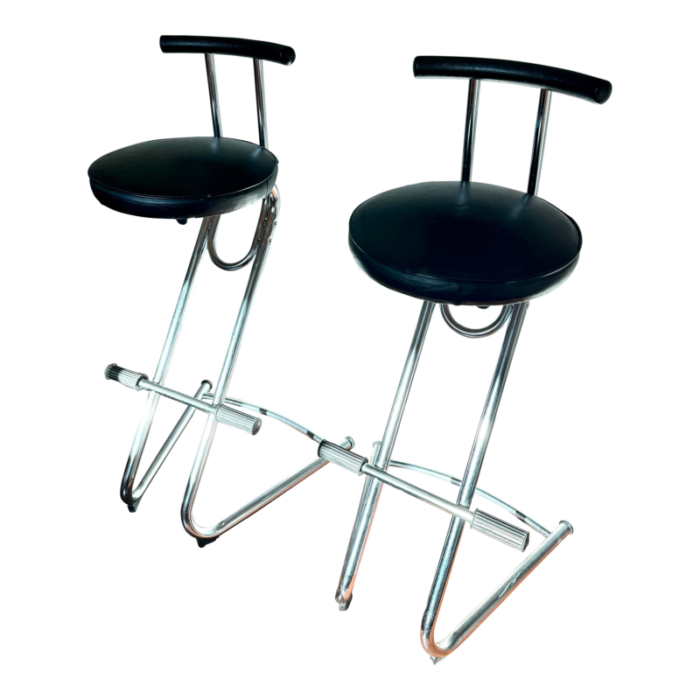 circa 1990s post modern cantilevered chrome and black vinyl barstools set of 2 9897