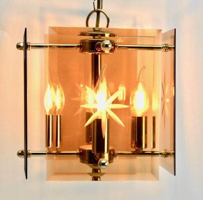 cuboid ceiling center light with 4 lamps behind bronzed glass panels 11