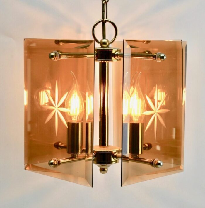 cuboid ceiling center light with 4 lamps behind bronzed glass panels 12