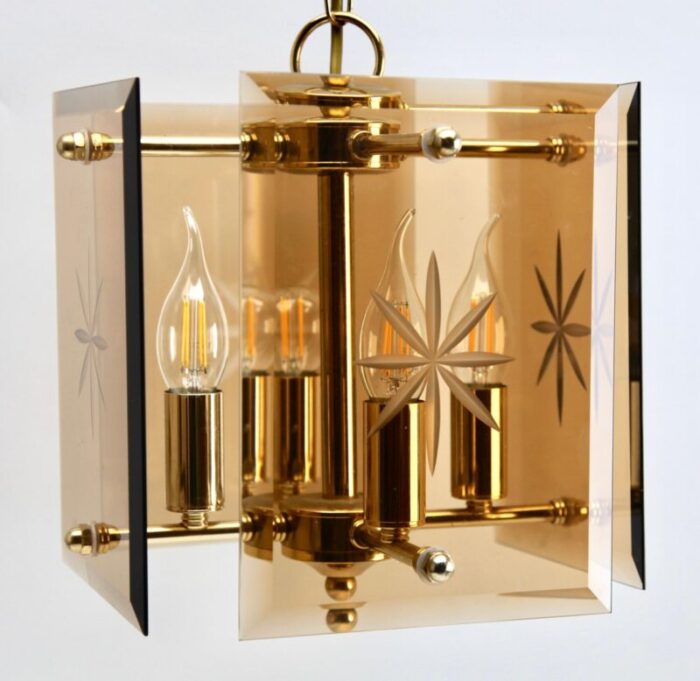 cuboid ceiling center light with 4 lamps behind bronzed glass panels 6