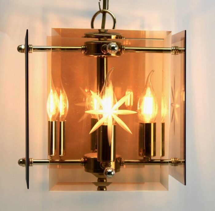 cuboid ceiling center light with 4 lamps behind bronzed glass panels 8