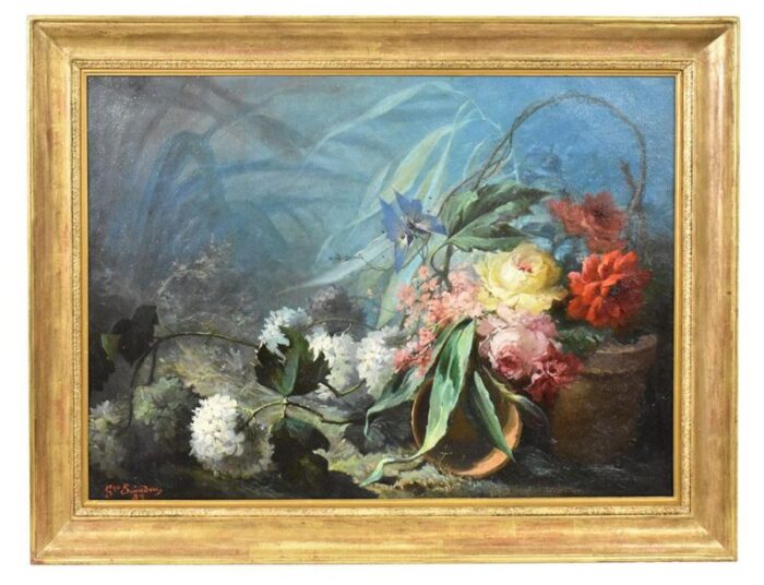 dahlias roses and hydrangeas oil on canvas 19th century framed 3167