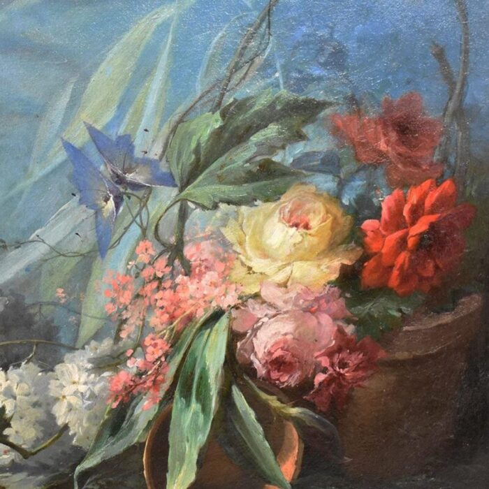 dahlias roses and hydrangeas oil on canvas 19th century framed 3875