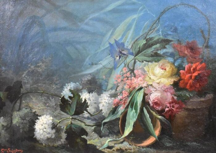 dahlias roses and hydrangeas oil on canvas 19th century framed 6154