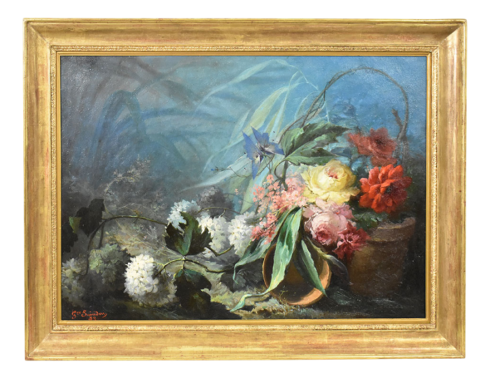 dahlias roses and hydrangeas oil on canvas 19th century framed 8679