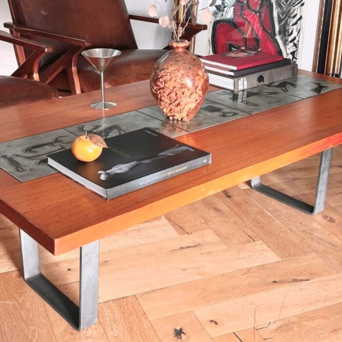 danish modern teak coffee table with prehistoric tile inlay 1960s 1155