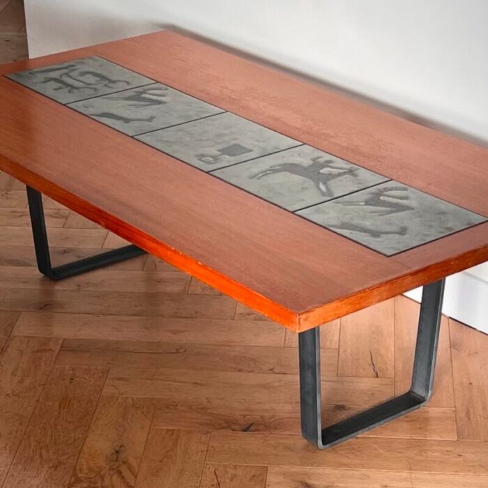 danish modern teak coffee table with prehistoric tile inlay 1960s 3868