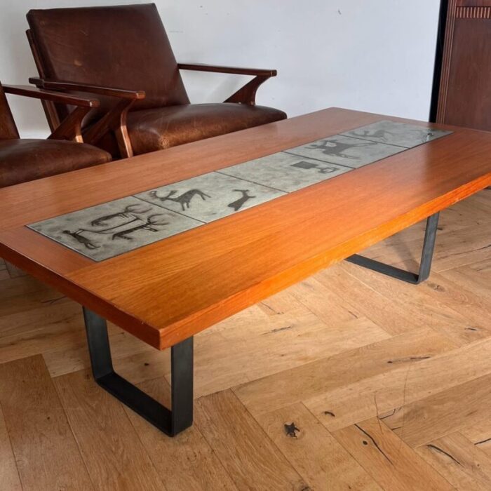 danish modern teak coffee table with prehistoric tile inlay 1960s 5603