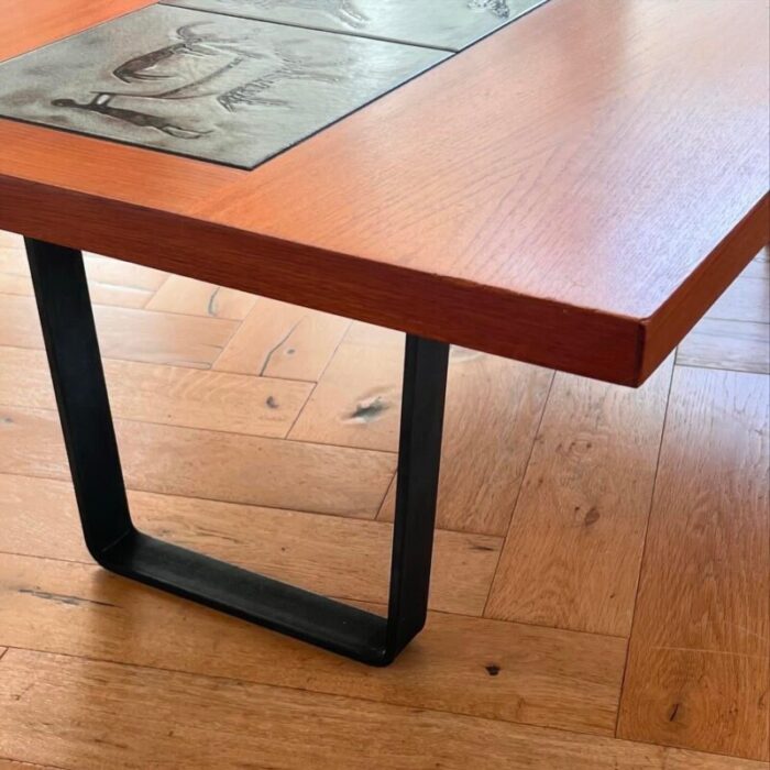 danish modern teak coffee table with prehistoric tile inlay 1960s 5620