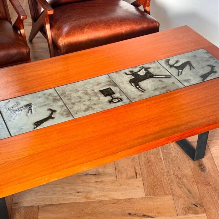 danish modern teak coffee table with prehistoric tile inlay 1960s 5793