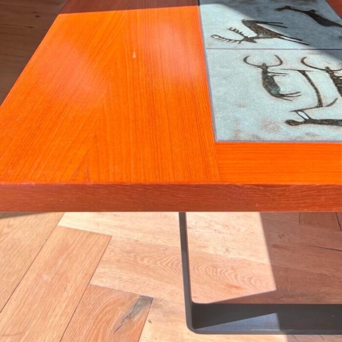 danish modern teak coffee table with prehistoric tile inlay 1960s 9309