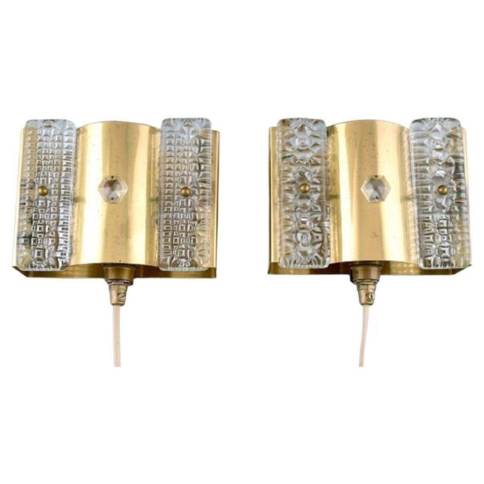 danish wall lamps in brass and art glass 1970s set of 2 1