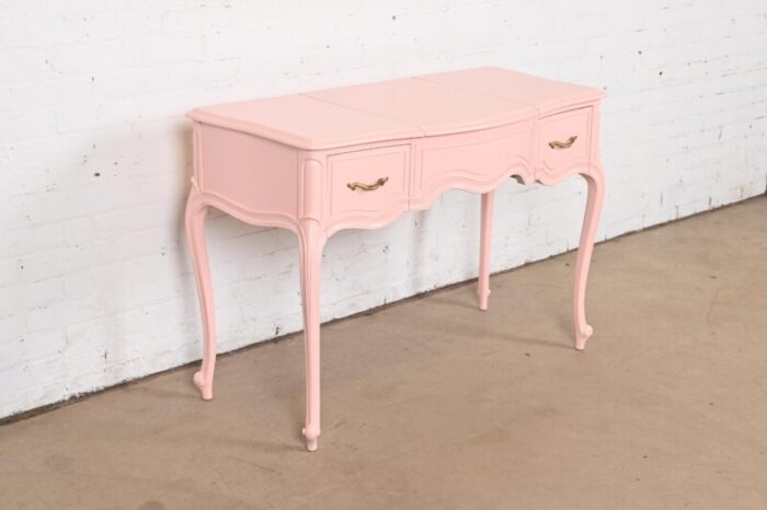 drexel french provincial louis xv pink lacquered vanity with flip up mirror newly refinished 1087