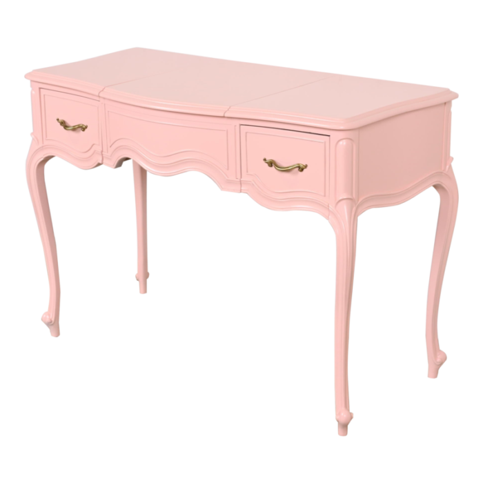 drexel french provincial louis xv pink lacquered vanity with flip up mirror newly refinished 4833