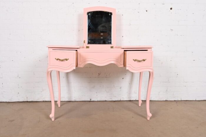 drexel french provincial louis xv pink lacquered vanity with flip up mirror newly refinished 7373