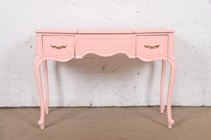 drexel french provincial louis xv pink lacquered vanity with flip up mirror newly refinished 7656