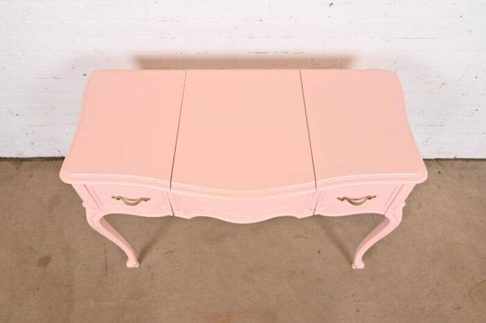 drexel french provincial louis xv pink lacquered vanity with flip up mirror newly refinished 8045