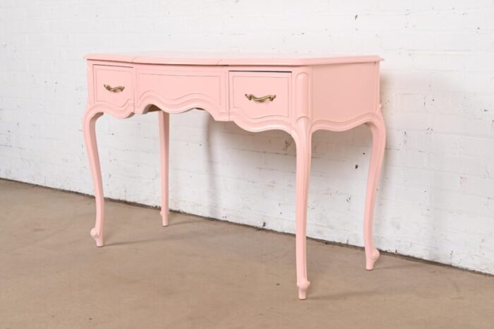 drexel french provincial louis xv pink lacquered vanity with flip up mirror newly refinished 8575