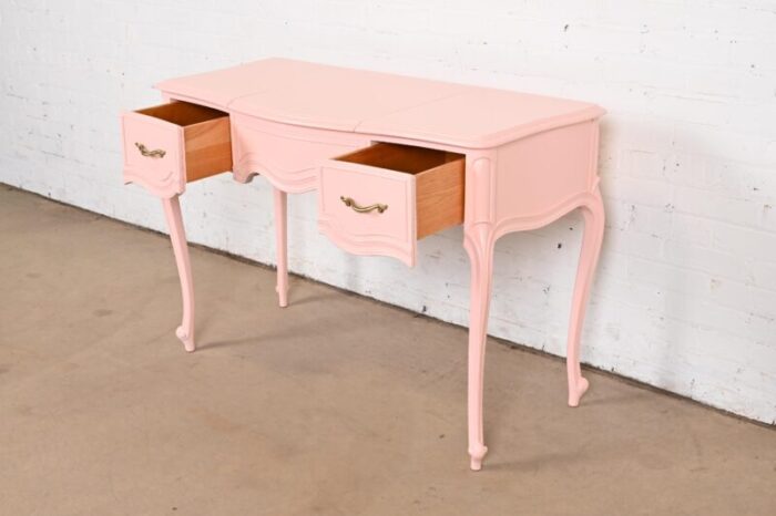 drexel french provincial louis xv pink lacquered vanity with flip up mirror newly refinished 9366 1