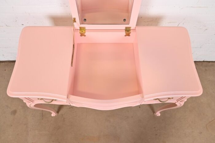 drexel french provincial louis xv pink lacquered vanity with flip up mirror newly refinished 9366