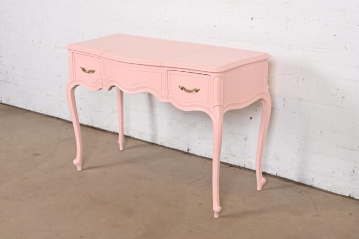 drexel french provincial louis xv pink lacquered vanity with flip up mirror newly refinished 9864