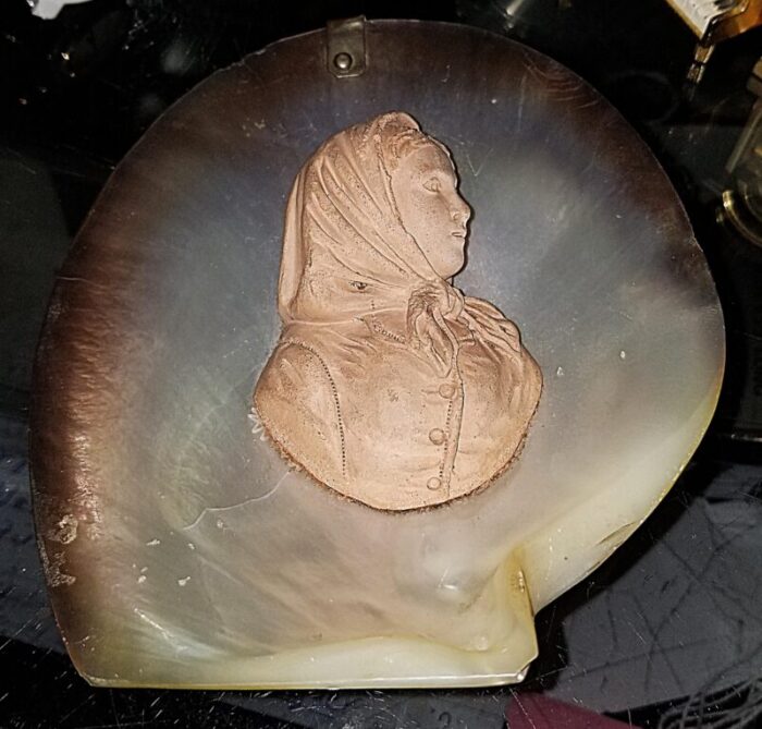 early 1900s terracotta bust in abalone shell 1308