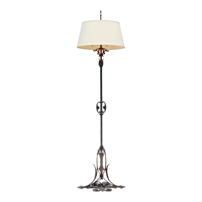 early 20th century art noveau bronze brass and iron floor lamp pb linen shade 3495