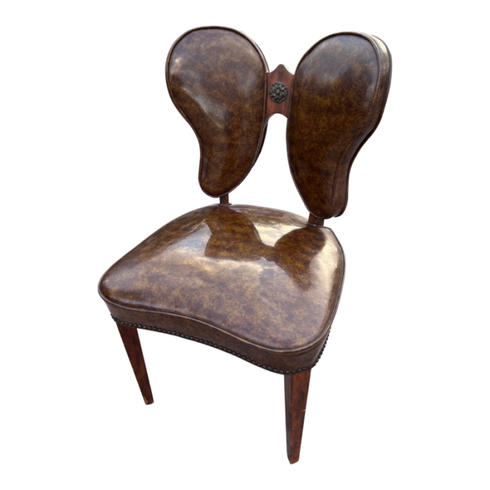 early 20th century butterfly backrest burlwood vinyl upholstery solid wood chair 2156