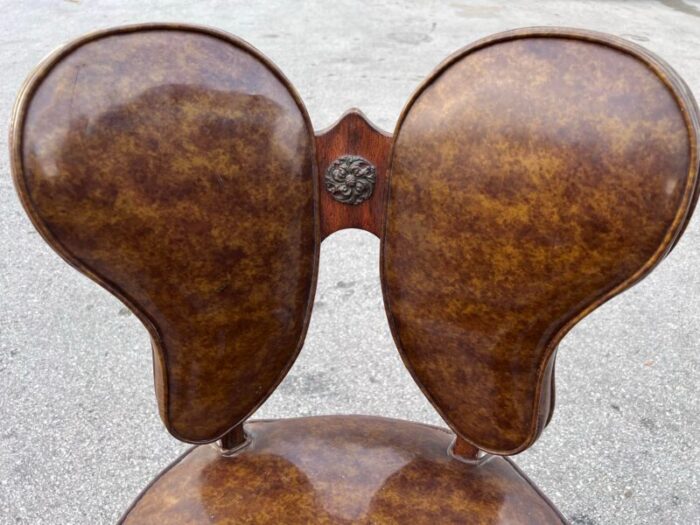 early 20th century butterfly backrest burlwood vinyl upholstery solid wood chair 8473