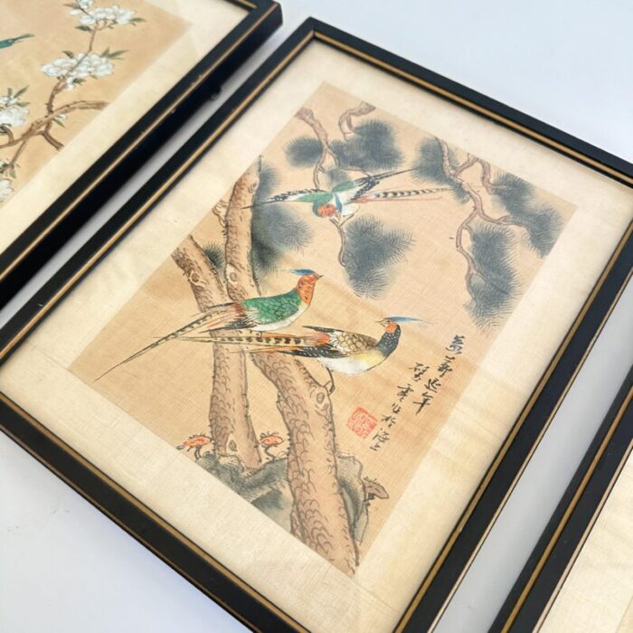 early 20th century set of 3 chinese watercolor paintings on silk with bird motifs 0248