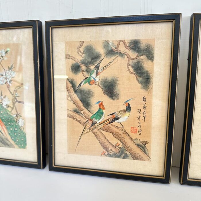 early 20th century set of 3 chinese watercolor paintings on silk with bird motifs 1529