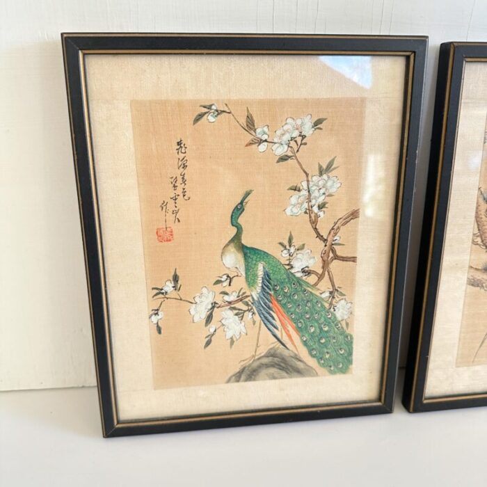 early 20th century set of 3 chinese watercolor paintings on silk with bird motifs 2729