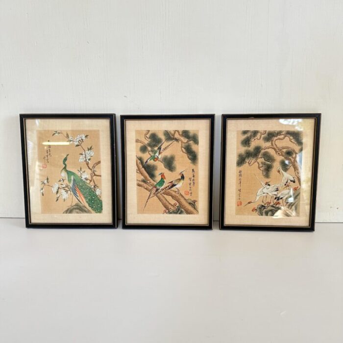 early 20th century set of 3 chinese watercolor paintings on silk with bird motifs 3045