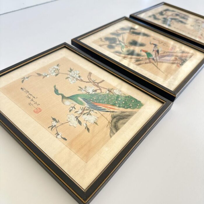 early 20th century set of 3 chinese watercolor paintings on silk with bird motifs 4205