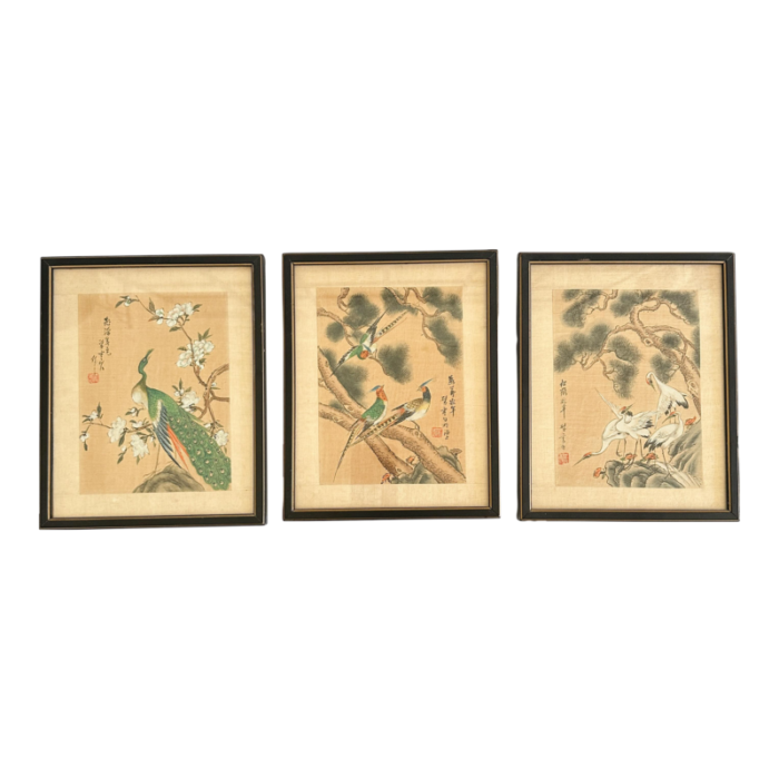 early 20th century set of 3 chinese watercolor paintings on silk with bird motifs 6106