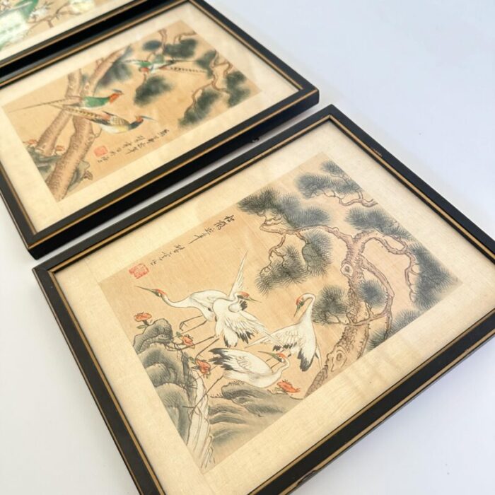 early 20th century set of 3 chinese watercolor paintings on silk with bird motifs 8443