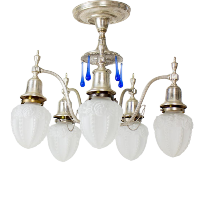 early 20th century silver plate flush chandelier with blue crystals and frosted glass shades 5985