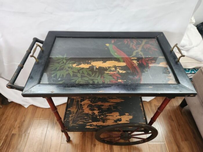 early 20th century vintage chinoiserie style faux bamboo tea or bar cart removable glass tray top distressed 2756