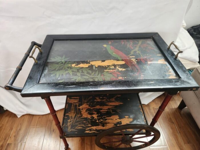 early 20th century vintage chinoiserie style faux bamboo tea or bar cart removable glass tray top distressed 5735