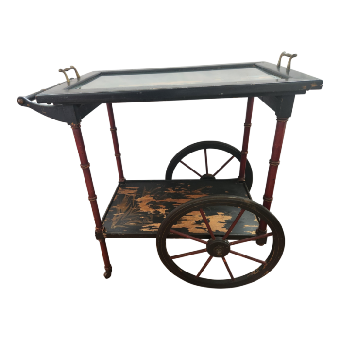 early 20th century vintage chinoiserie style faux bamboo tea or bar cart removable glass tray top distressed 8866