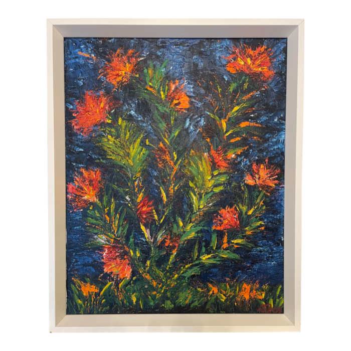 early 21st century abstract floral imapsto oil on canvas framed navy blue bright orange apple green 1819