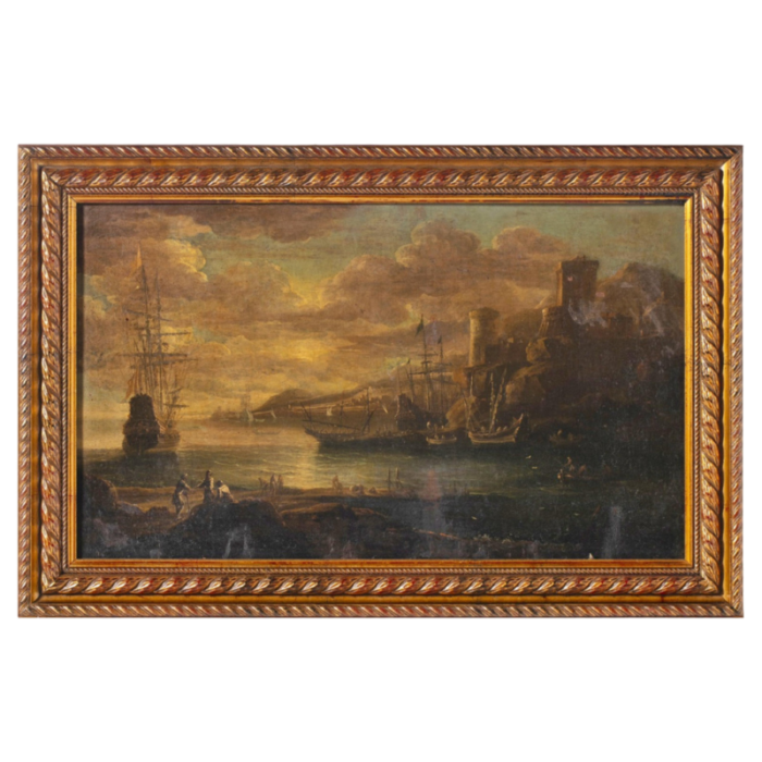 english school artist sea port 18th century oil on canvas framed 0562