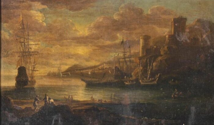 english school artist sea port 18th century oil on canvas framed 5861