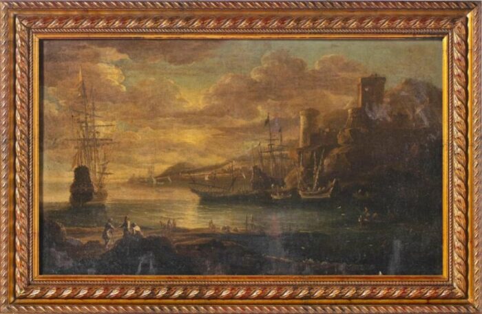 english school artist sea port 18th century oil on canvas framed 6007