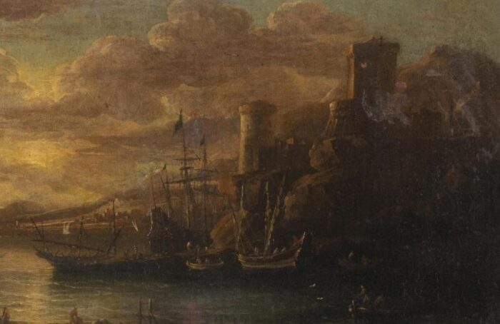 english school artist sea port 18th century oil on canvas framed 7239