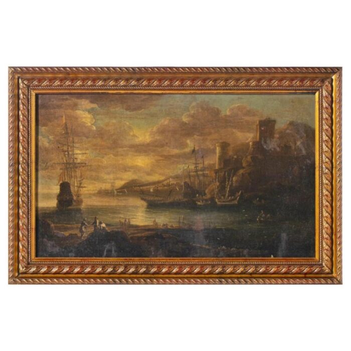 english school artist sea port 18th century oil on canvas framed 9516