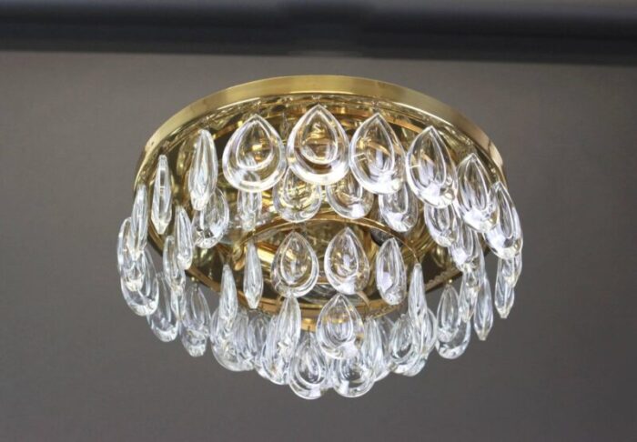 flush mount in brass and crystal glass from palwa germany 1970s 2