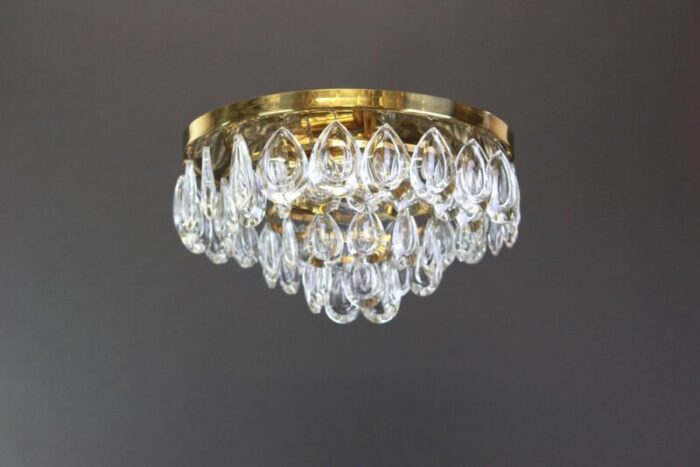 flush mount in brass and crystal glass from palwa germany 1970s 3