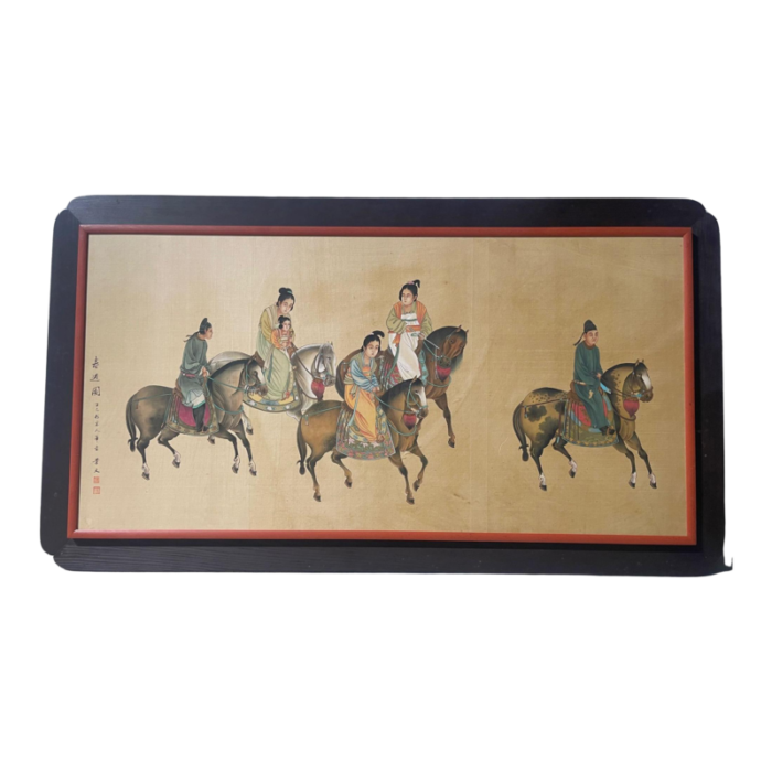 framed chinese painting of a family on horses late 19th century 4783